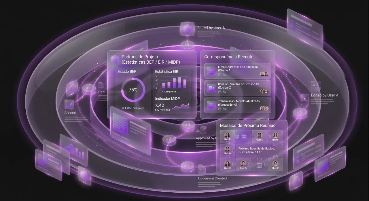Management dashboard with a "Project Standards" card (BEP / EIR / MIDP status), a "Recent Correspondence" list and an upcoming meeting tile.