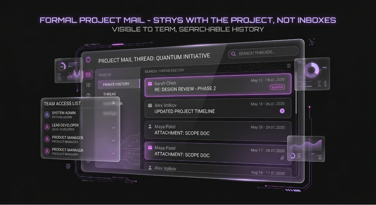 Correspondence — formal project mail thread with searchable history and team access list