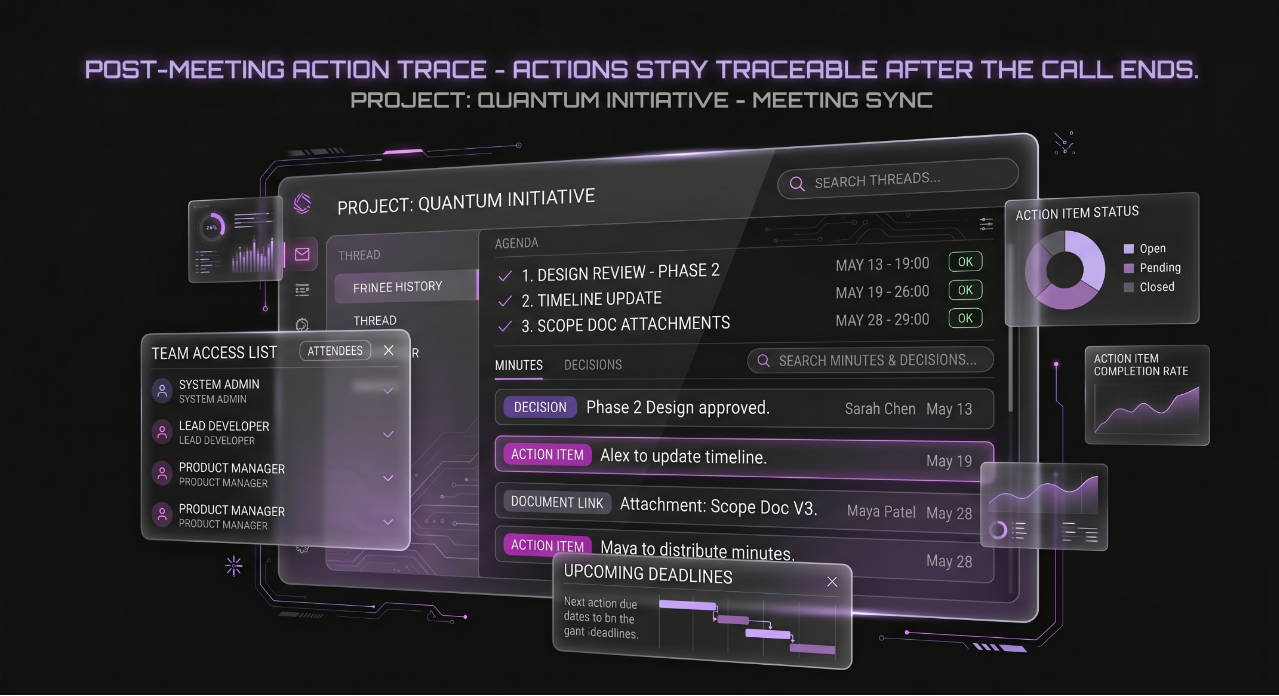 Meetings — agenda, minutes, decisions and action items with completion tracking